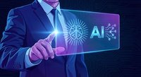 Businessman in suit touching glowing AI brain interface on dark blue digital circuit background, representing artificial intelligence technology concept.