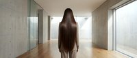 Woman with extremely long dark hair standing in modern minimalist concrete interior space with wooden floors and large windows.