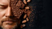 Sensual portrait of mature Caucasian man with closed eyes and beard surrounded by coffee beans and scattered cocoa powder against dark background.