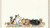 Watercolor cats on a floral rug, calico playing, tabby stretching, black cat sleeping, soft vintage style with copy space above.