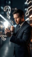 Professional businessman in dark suit examining glowing light bulb with magnifying glass surrounded by floating question marks representing innovation and problem solving.