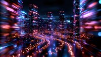 Dynamic urban nightscape with motion blur effect showing curved light trails and illuminated skyscrapers against dark sky. Vibrant pink and blue colors create futuristic cityscape.