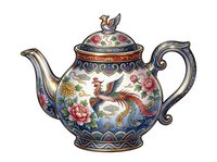 Ornate teapot with floral and bird motifs, featuring intricate hand-painted designs in vibrant colors on porcelain with decorative metalwork accents. Isolated on white background.