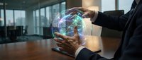Businessman hands holding glowing digital globe with network connections in modern office environment representing global business technology and connectivity.