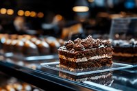 Rich chocolate layer cake slice with cream filling displayed in modern bakery showcase with warm ambient lighting and blurred pastry background.