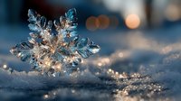 Delicate ice crystal snowflake with intricate geometric patterns resting on snow surface with warm bokeh lights creating magical winter atmosphere for holiday designs.