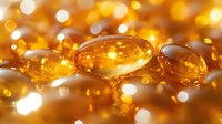 Golden omega-3 fish oil capsules with soft bokeh lights background, macro photography showing transparent gel supplements with vitamin D glowing effect.