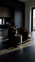 Black cat with green eyes sitting next to metal mug on kitchen counter in modern home interior with natural light from window.