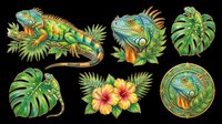 Colorful iguana clipart set with tropical leaves, hibiscus flowers, and medallion design, isolated on transparent background. Great for stickers, t-shirt design, print on demand.