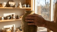 Potter hands shaping clay vase in sunlit ceramic studio workshop with shelves of pottery pieces in background for artisan crafts and handmade art.
