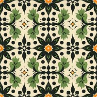 Seamless floral pattern with green leaves and orange flowers on beige background. Symmetrical botanical ornament repeats endlessly for fabric, wallpaper and textile design.