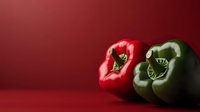 Red and green bell peppers on dark red background with dramatic lighting and selective focus, fresh organic produce for food photography and culinary designs.