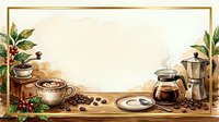 Vintage coffee setup with potted plants, beans, and brewing equipment on wooden surface with gold frame border, suitable for cafe menus, kitchen decor, and beverage packaging designs.