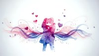 Watercolor silhouette of couple embracing with flowing ribbons and hearts in pink and blue tones on white background for romantic designs.