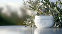 White ornate ceramic jar with delicate pattern stands near fresh olive branches in soft natural light, creating serene spa and wellness atmosphere.