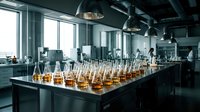 Modern laboratory interior with rows of glass beakers containing amber liquid samples on steel countertop for scientific research and analysis.
