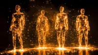 Glowing golden silhouettes of four figures standing in line, illuminated by magical light particles against dark background, creating ethereal atmosphere.