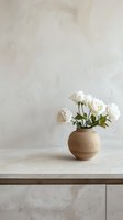 White roses in clay vase on marble counter against neutral wall background, minimalist home decor composition with soft natural lighting and copy space.