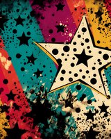Vibrant grunge star design with splatter effect in turquoise, magenta and orange. Abstract cosmic pattern with black dots and stars on colorful background.