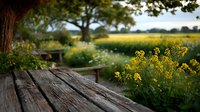 Rustic wooden picnic table in countryside garden with yellow wildflowers and green meadow landscape for outdoor dining and nature relaxation concepts.