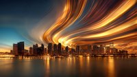 Dramatic urban skyline with swirling golden sunset sky over waterfront cityscape. Long exposure effect creates dynamic light trails reflecting in calm water at dusk.