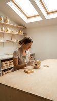 Young woman potter working with clay bowl in bright attic ceramic studio with skylights. Artisan crafting handmade pottery in creative workspace with natural light.