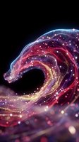 Abstract wave of glowing particles flowing in red, purple, and gold tones against dark background. Digital energy visualization for technology, innovation, and data concepts.