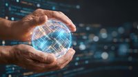 Hands holding glowing digital globe with network connections, representing global technology, data transfer, and worldwide business communication solutions.