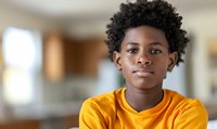 Young African American boy with natural curly hair wearing bright yellow sweater looking confidently at camera in home setting, soft background blur.