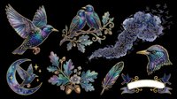 Iridescent birds and celestial elements isolated on transparent background. Perfect for t-shirt designs, clipart, stickers, sublimation, print-on-demand products, and digital crafts. Ready to use.