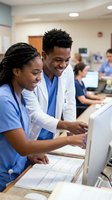 Young African American male and female healthcare professionals in medical uniforms collaborating at computer workstation in hospital setting, reviewing patient data and digital records together.