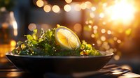 Fresh green salad with lemon slice in elegant bowl, warm bokeh lights creating cozy restaurant atmosphere for culinary and dining concepts.