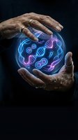 Elderly hands protecting glowing DNA sphere with genetic code and molecular structures for biotechnology and medical research concepts.