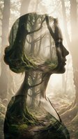 Double exposure portrait of a woman with long hair in profile, her silhouette filled with a misty forest path lined with moss-covered trees and natural woodland atmosphere.