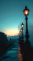Atmospheric evening scene with illuminated vintage street lamps along misty railway platform at sunset, silhouette of lone person walking in distance against turquoise sky.