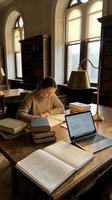 Young woman with dark hair and light skin tone, wearing a beige ribbed sweater, studying at wooden desk in classical library with arched windows, laptop and books.