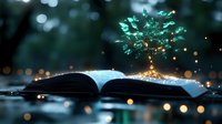 Open book with glowing turquoise tree and magical light particles emerging from pages, symbolizing knowledge, imagination, and learning for educational and inspirational design projects.