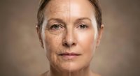 Middle-aged Caucasian woman face split showing aging process with wrinkles and smooth skin comparison for skincare and anti-aging treatment concepts.