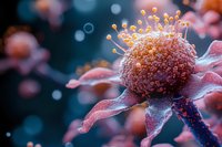 Microscopic view of cancer cell in pink and blue tones showing detailed cellular structure with protruding spikes against dark background. Medical research visualization.