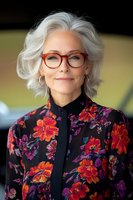 Elegant mature woman with silver hair wearing red glasses and vibrant floral blouse smiles confidently. Professional portrait showcasing natural aging and fashion style.