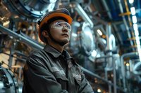 Asian male industrial worker wearing orange hard hat and safety glasses inspects equipment in modern manufacturing facility with pipes and machinery background.