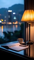 Cozy evening workspace with open notebook, coffee cup and warm table lamp against blurred city lights and waterfront view through window at dusk.
