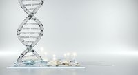 Transparent DNA double helix structure with flowing water and particles on white background, suitable for science, biotechnology, genetics, and medical design projects.