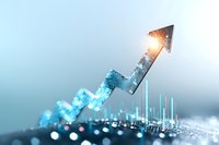 Glowing upward arrow chart with digital data visualization representing business growth, financial success, and market trends analysis.