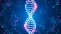 Glowing DNA double helix structure with molecular connections on blue background for genetic research and biotechnology applications.
