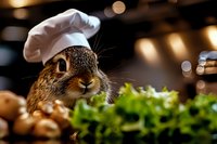 Adorable brown bunny wearing chef hat peeking over fresh vegetables and ingredients in kitchen with warm bokeh lighting and blurred background. Great for culinary themes.