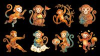 Cute Chinese zodiac monkey set with eight poses, isolated on transparent background, ready for stickers, T-shirt design, print on demand, and sublimation crafts.