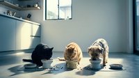 Three domestic cats eating from bowls in modern kitchen interior with natural sunlight streaming through window creating peaceful mealtime scene.