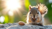 Adorable red squirrel holding acorn in front view, sitting on tree trunk with blurred natural bokeh background in warm sunlight, wildlife photography.