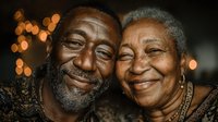 Happy African American senior couple smiling together with warm bokeh lights in background celebrating love and togetherness in golden hour lighting.